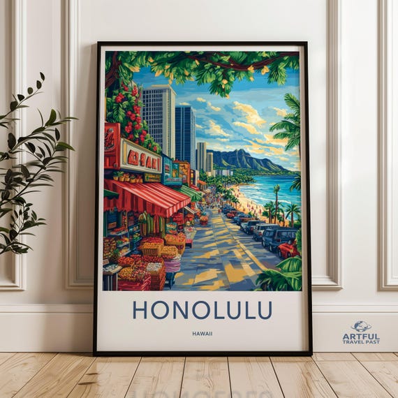 Honolulu Hawaii Wall Art Waikiki Beach Print Tropical Island Cityscape Painting Travel Poster Souvenir