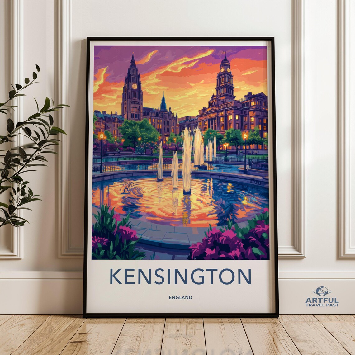 Kensington England Sunset Fountain City Square Travel Poster