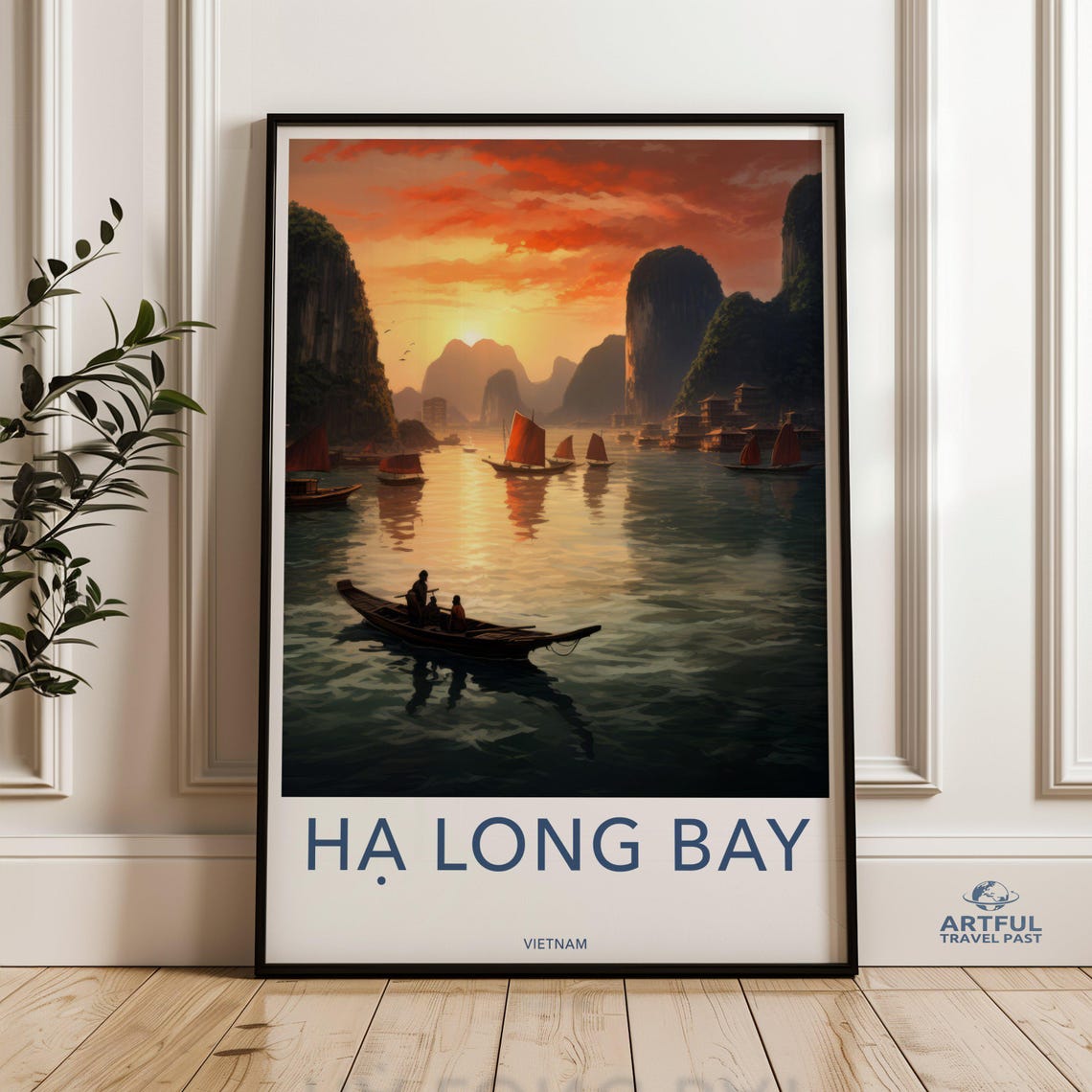 Ha Long Bay Vietnam Sunset Sailboats Limestone Karsts Travel Poster