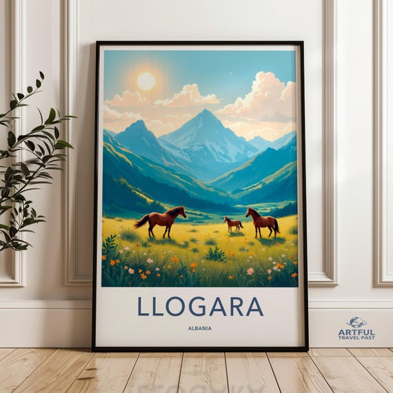 Mountain Landscape Wall Art Print Horses In Meadow Scenery Llogara Albania Poster Nature Illustration Decor Travel