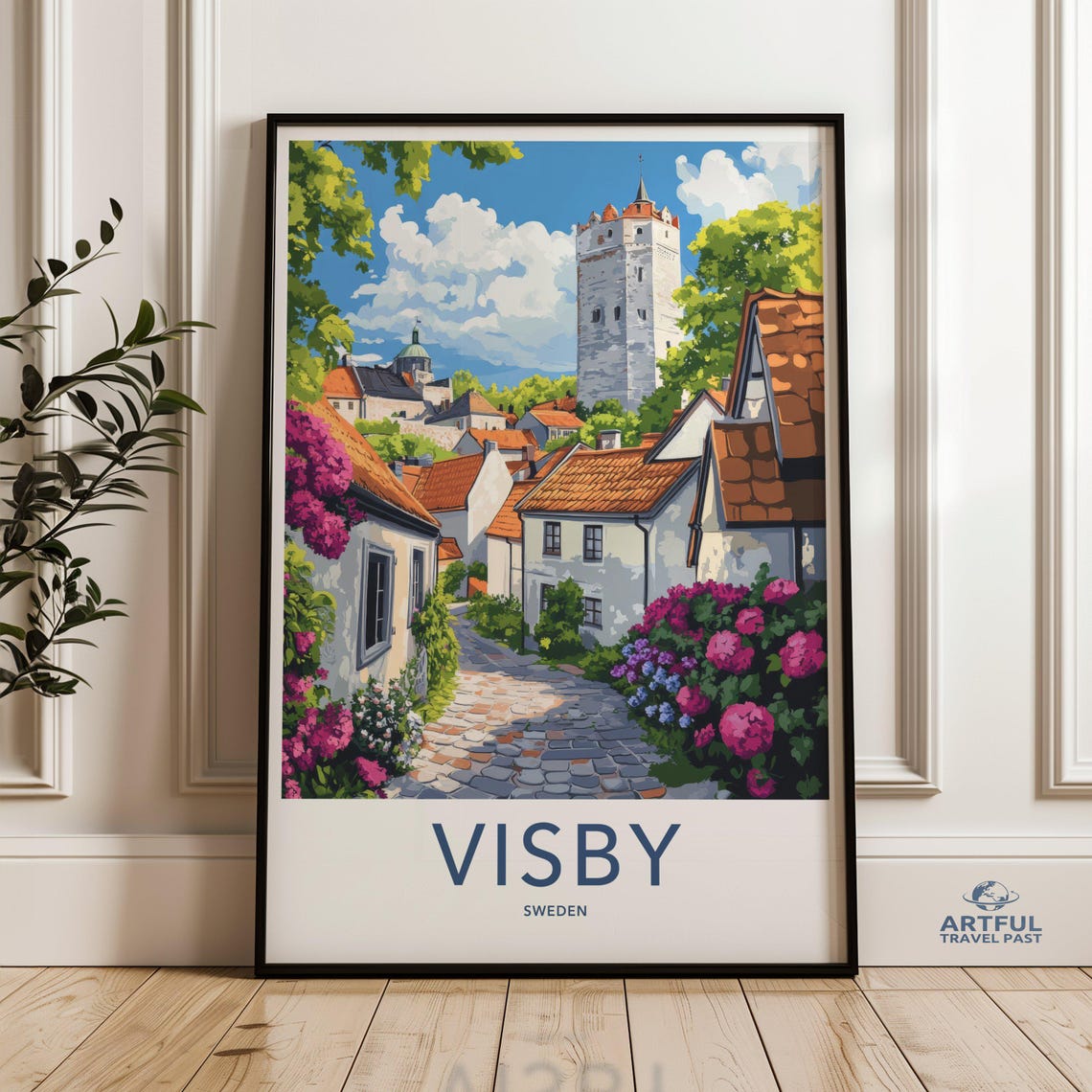 Visby Sweden Vintage Travel Poster Medieval Village Cobblestone Street