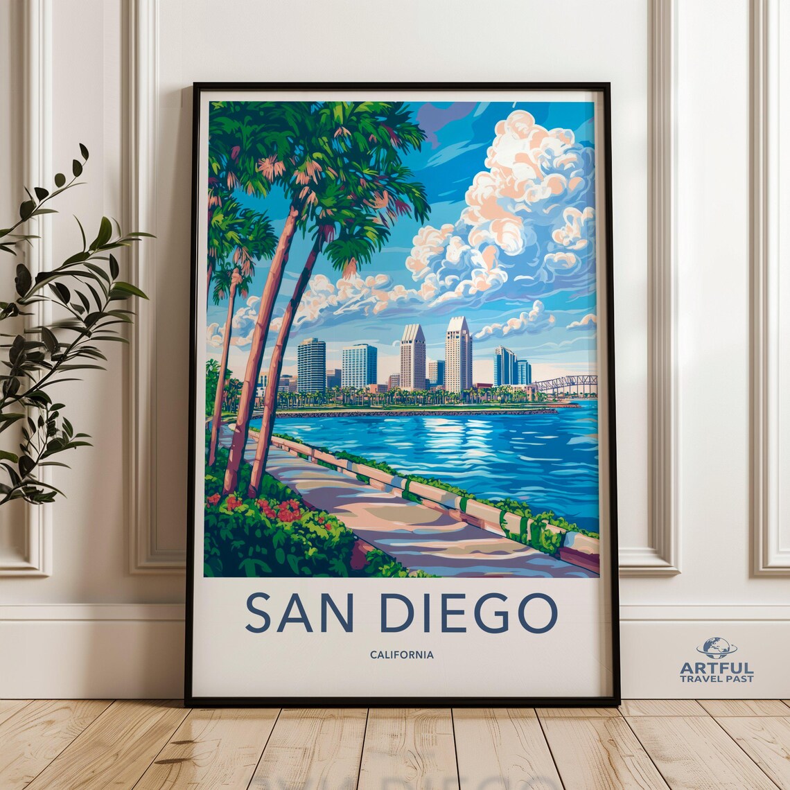 San Diego California Retro Bay Skyline Palm Trees Travel Poster