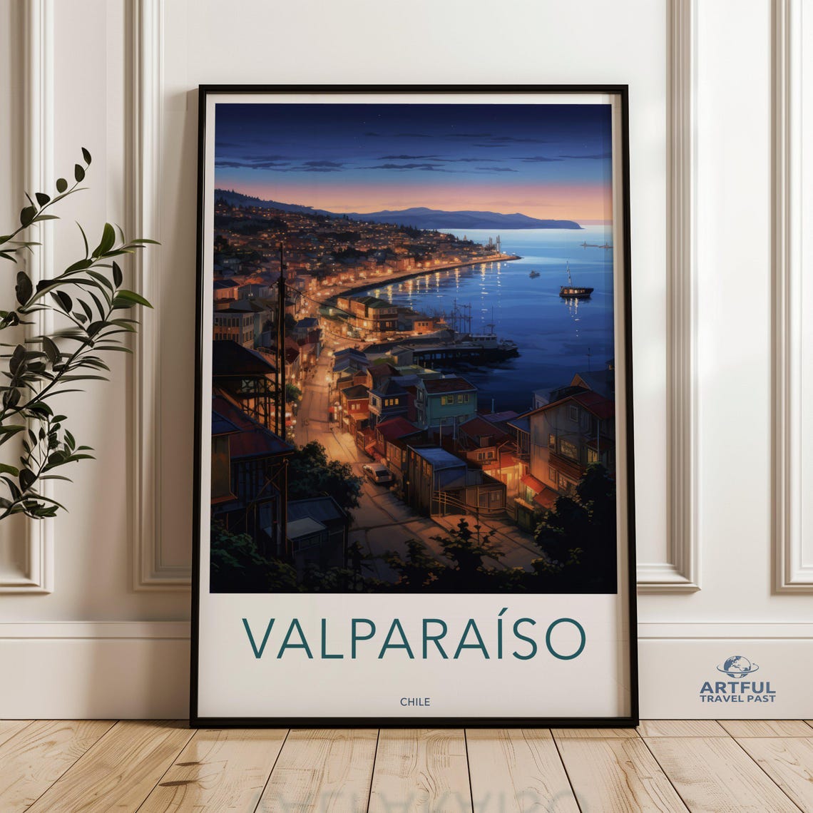 Valparaiso Wall Art Chile Artwork Scenic Coastal City Evening Cityscape Print Historic Architecture Illustration Home Decor