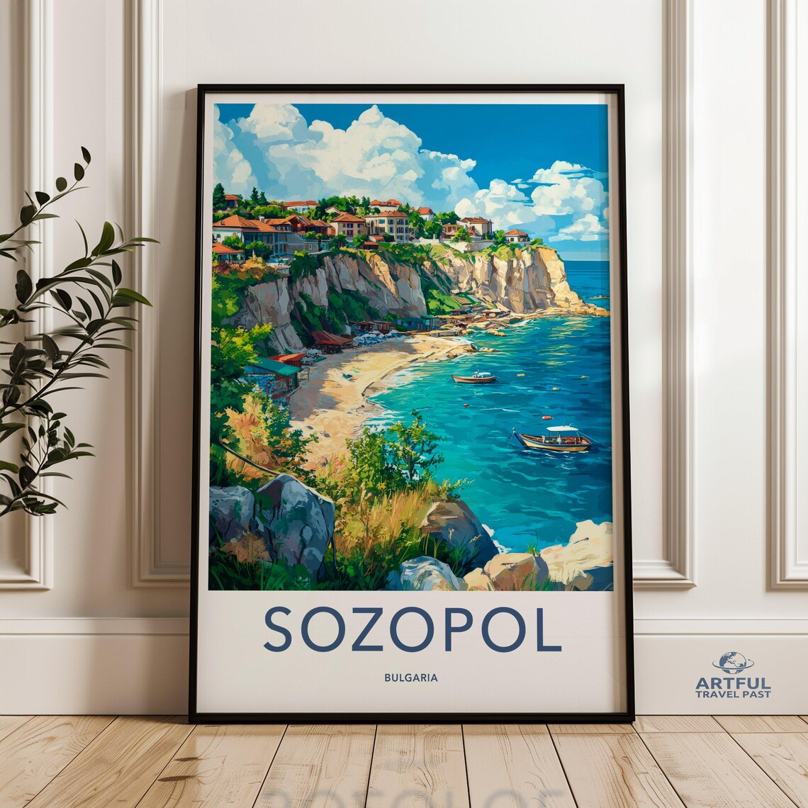 Sozopol Bulgaria Seaside Cliffs Beach Boats Travel Poster Cove Art