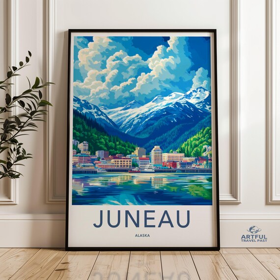 Juneau Alaska Mountain Harbor Illustrated Travel Destination Poster