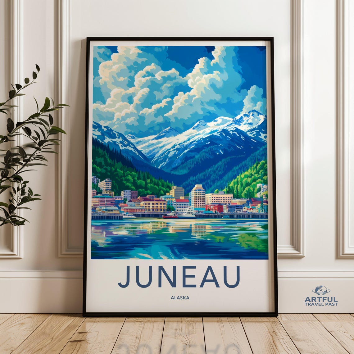 Juneau Alaska Mountain Harbor Illustrated Travel Destination Poster