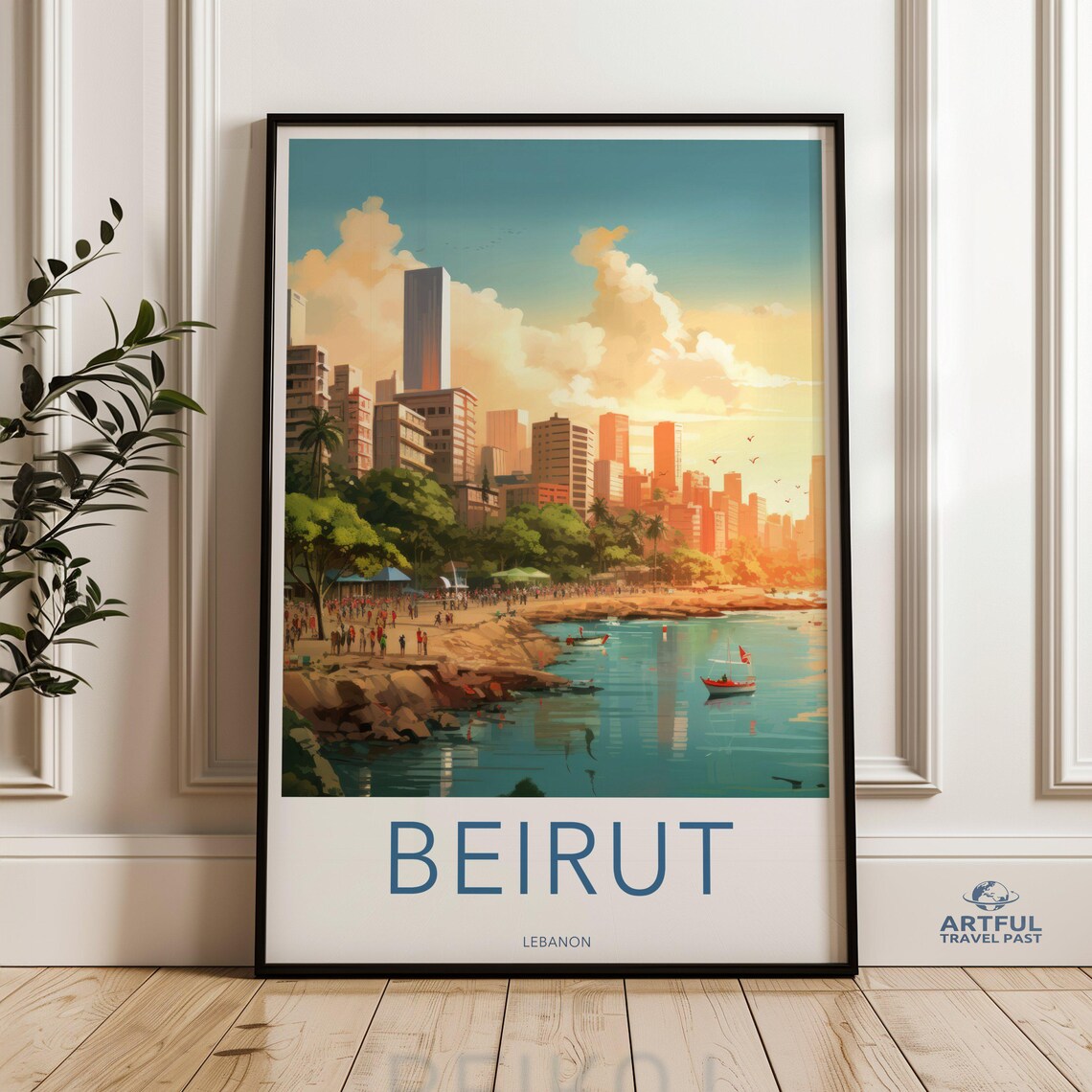 Beirut Lebanon Vintage Travel Poster Coastal Cityscape Beach Art