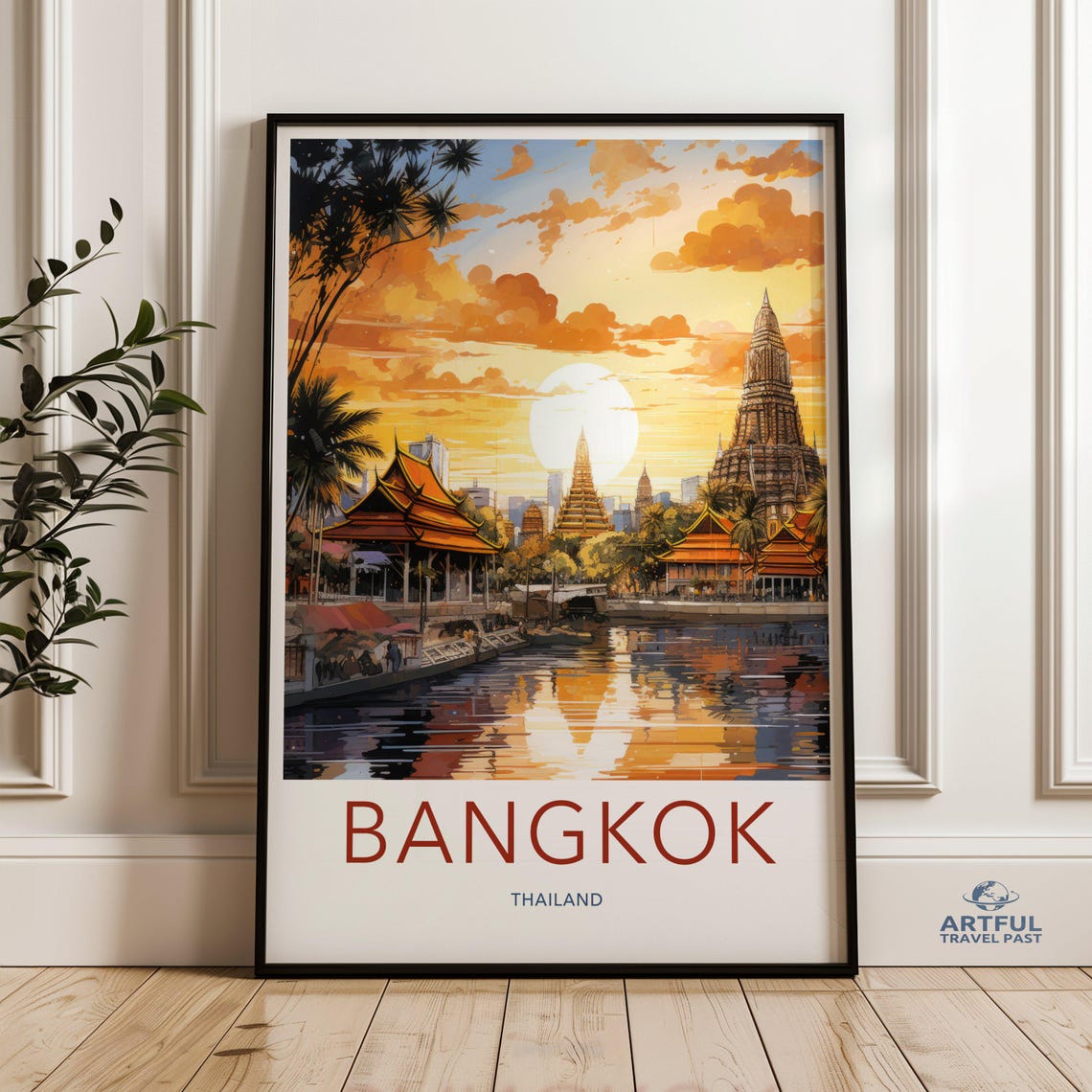 Bangkok Thailand Sunset Travel Poster Temple Riverside Skyline