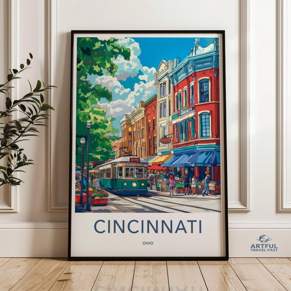 Cincinnati Ohio Wall Art Cityscape Print Streetcar Travel Poster Urban Decor City Scene Vintage Style