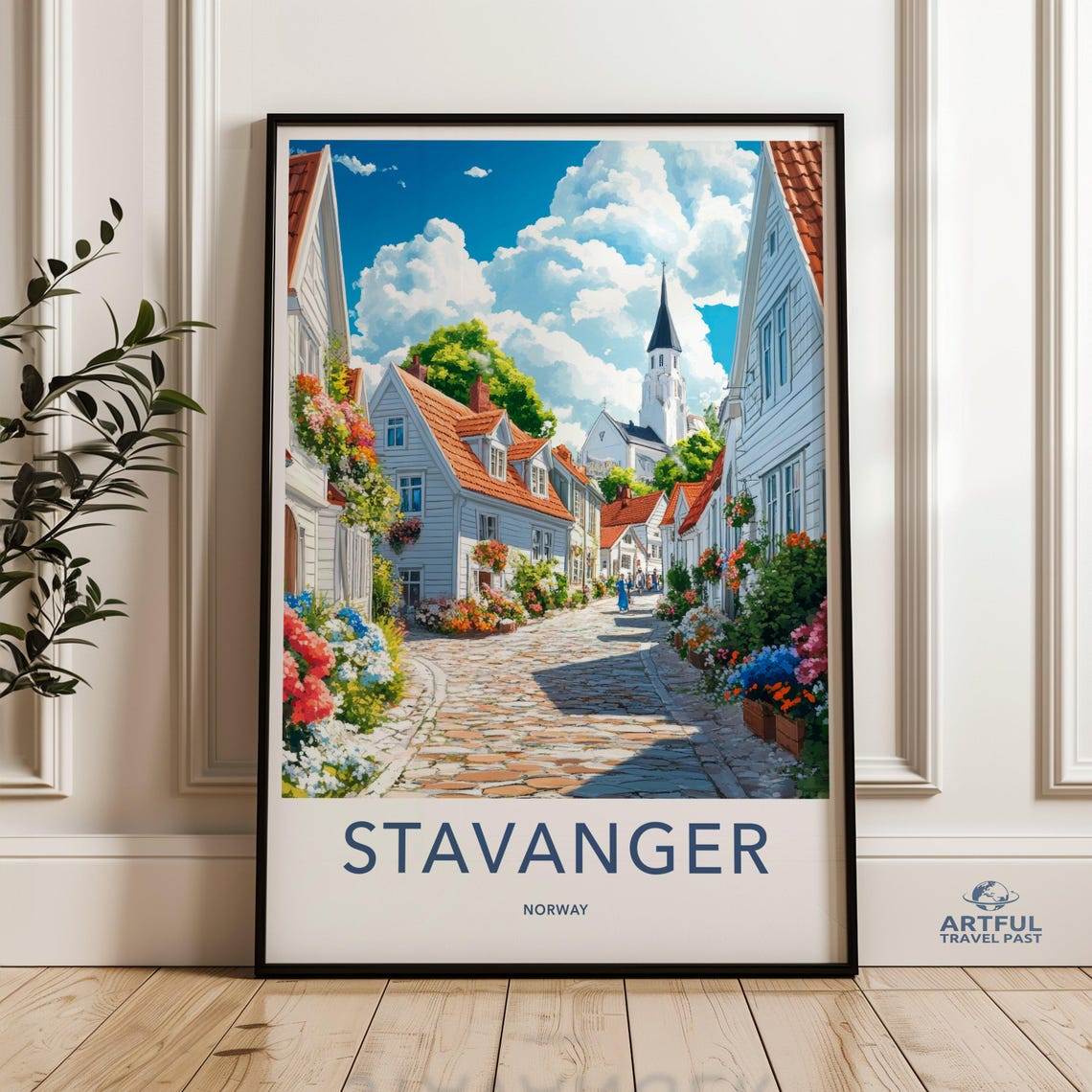 Stavanger Norway Flower Lined Old Street White Houses Travel Poster