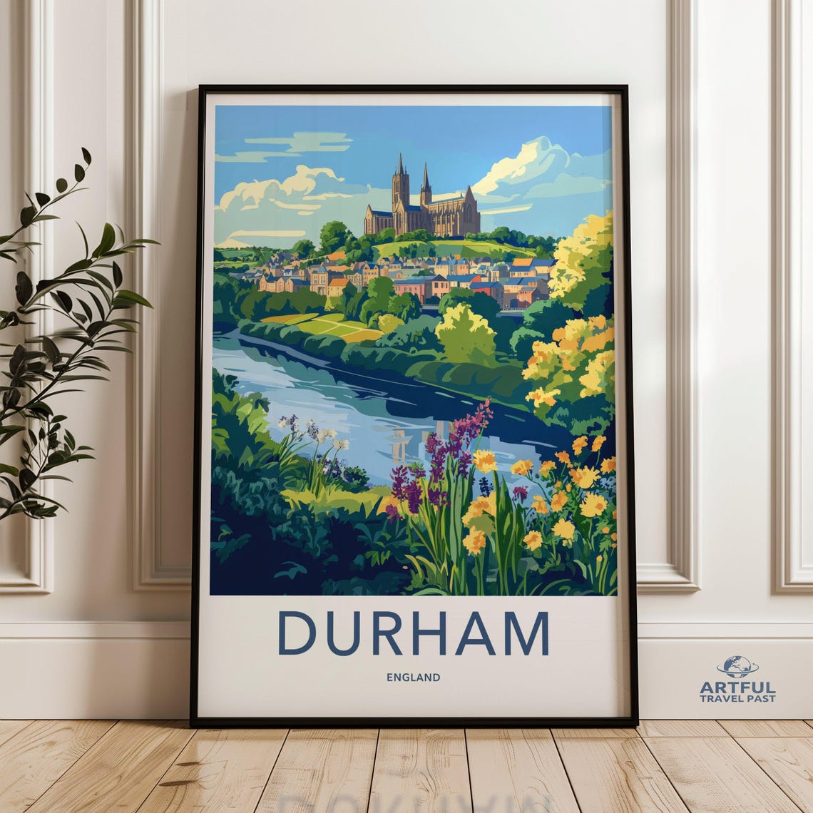 Durham England Cathedral River Wildflowers Vintage Travel Poster