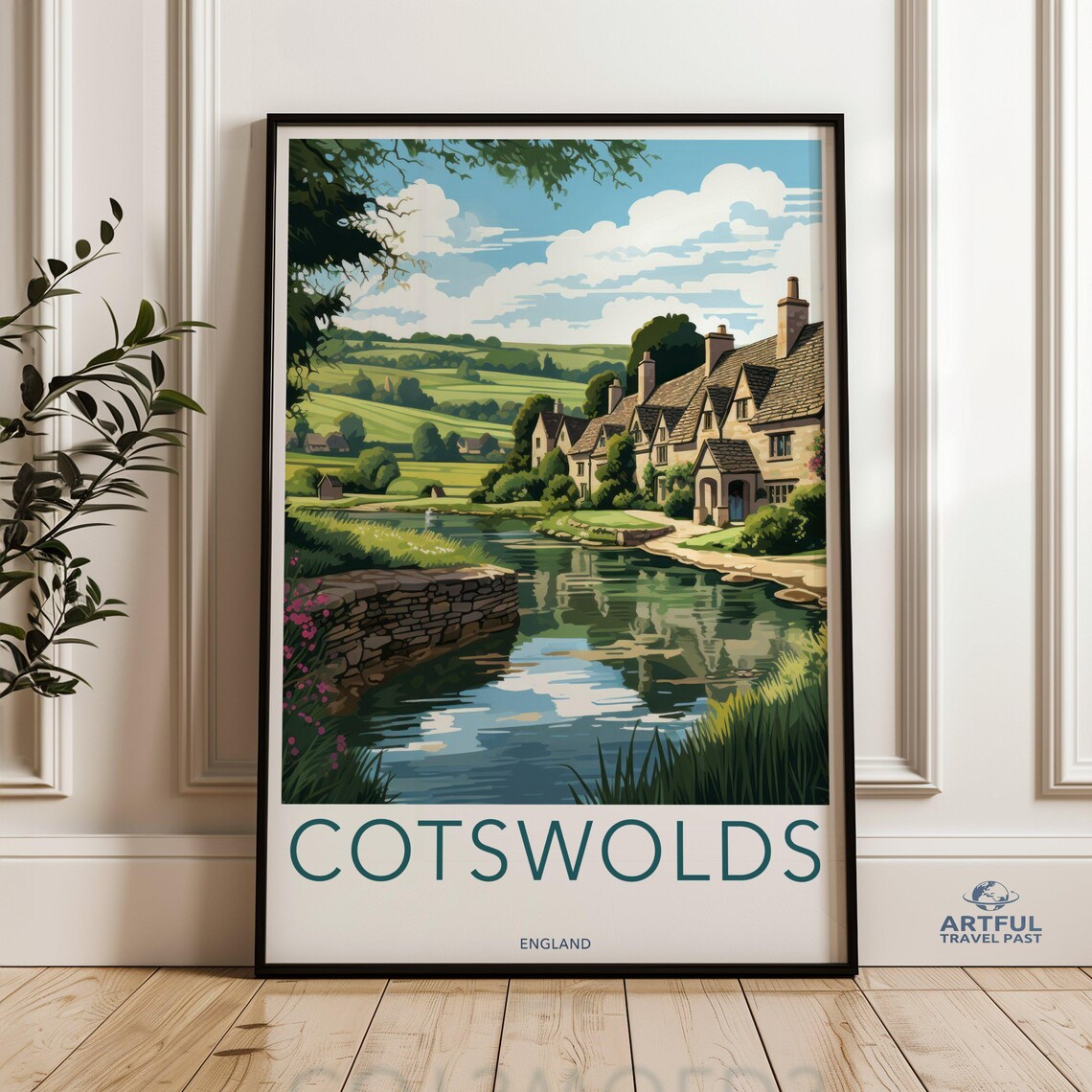 Cotswolds England Stone Cottage River Scenic Countryside Poster