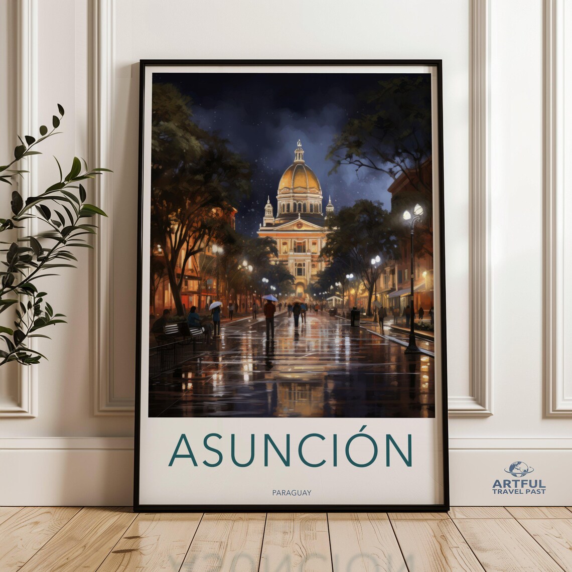 Asuncion Paraguay Rainy Night Street Cathedral Vintage Travel Poster