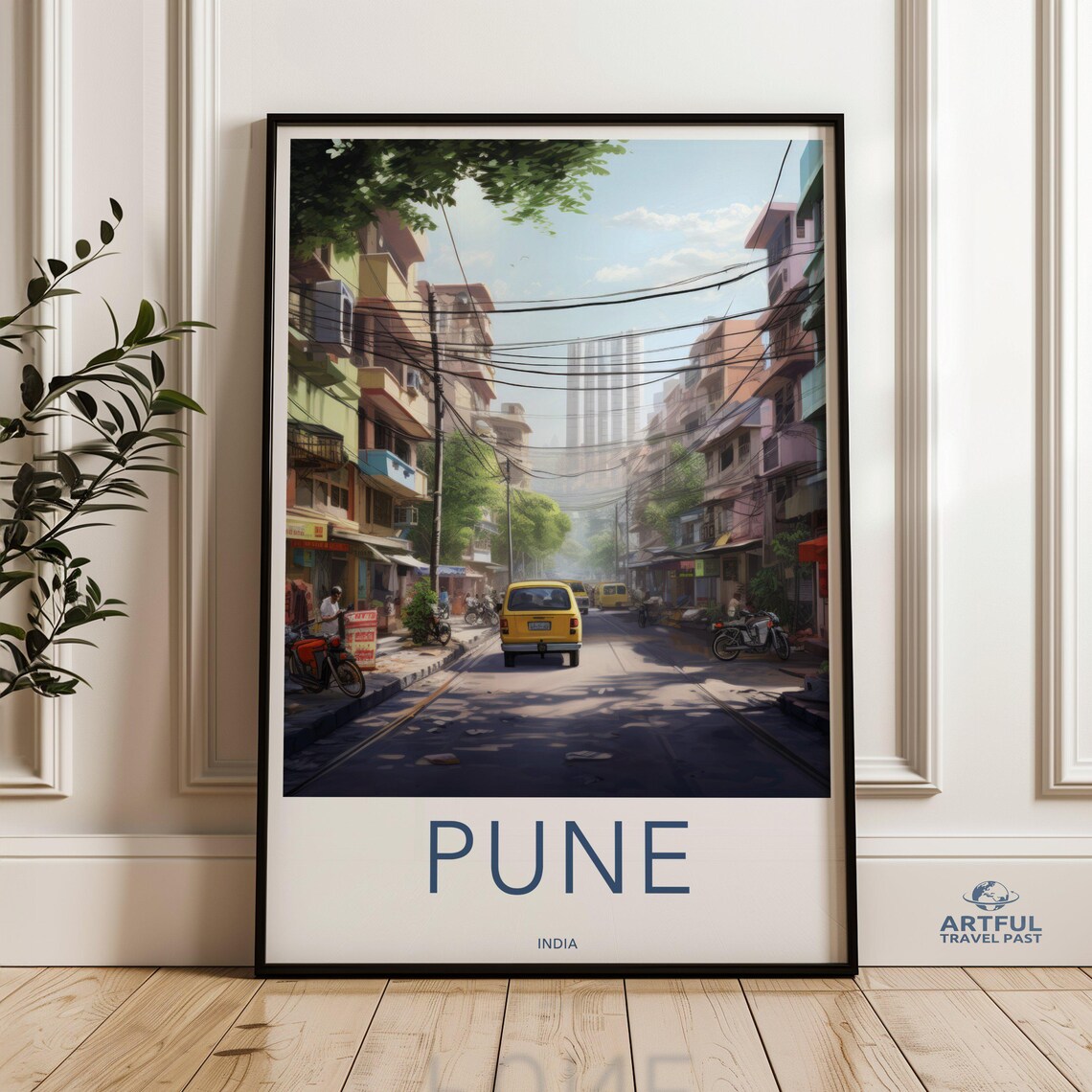 Pune India Retro Travel Poster With Street Scene And Taxi Art