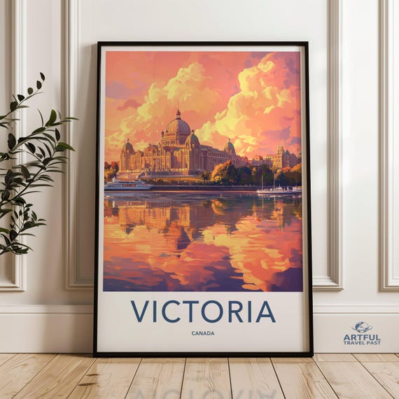 Victoria Canada Cityscape Watercolor Wall Art Print Travel Poster Home Decor Sunset View City Reflection Artwork
