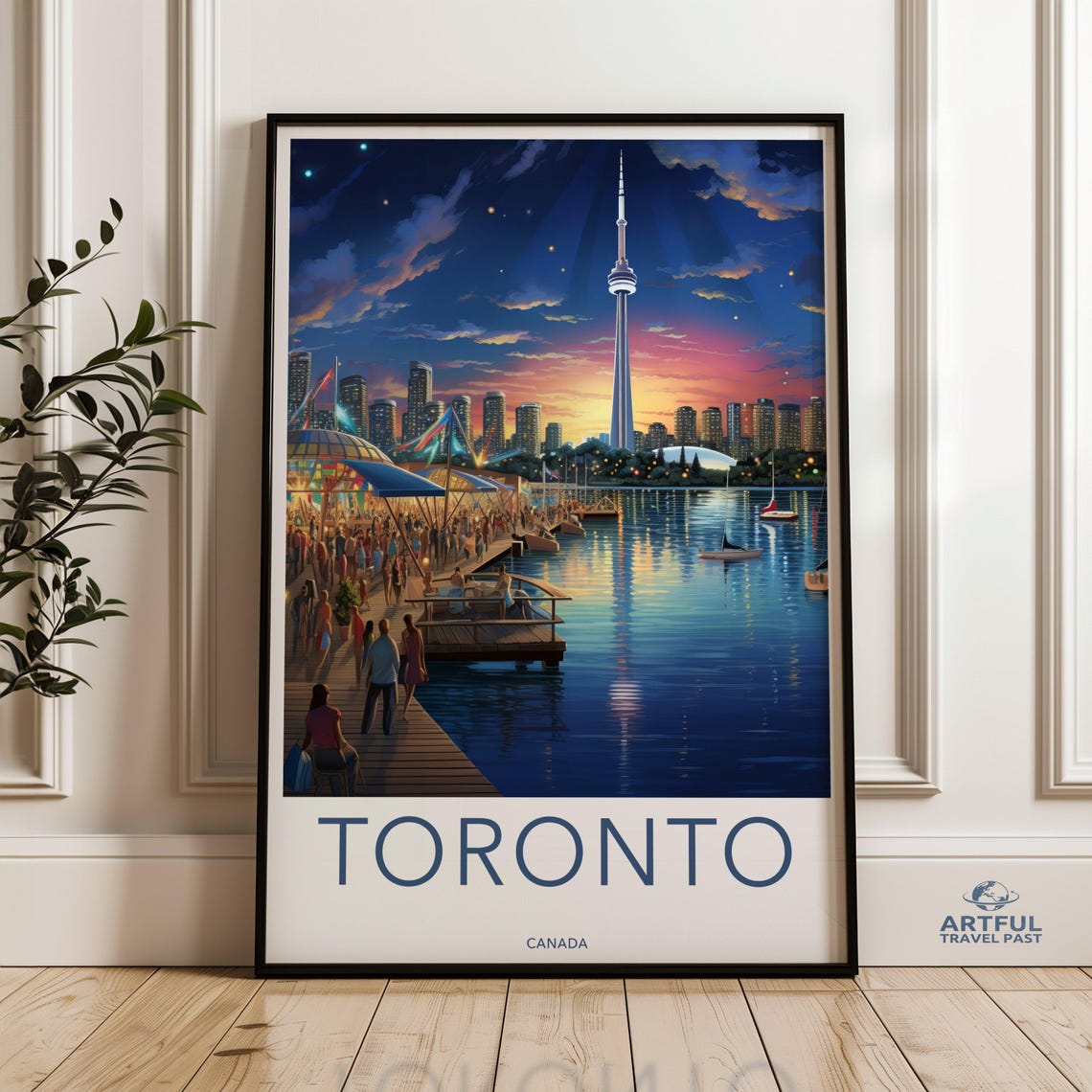 Toronto Canada CN Tower Dusk Harbor Vintage Travel Poster Art