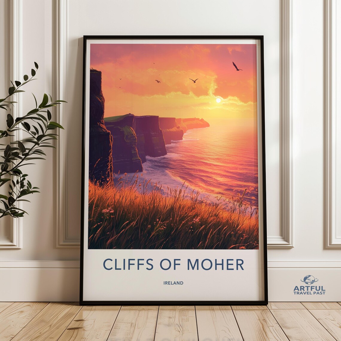 Cliffs Of Moher Ireland Sunset Ocean Seabirds Dramatic Travel Poster