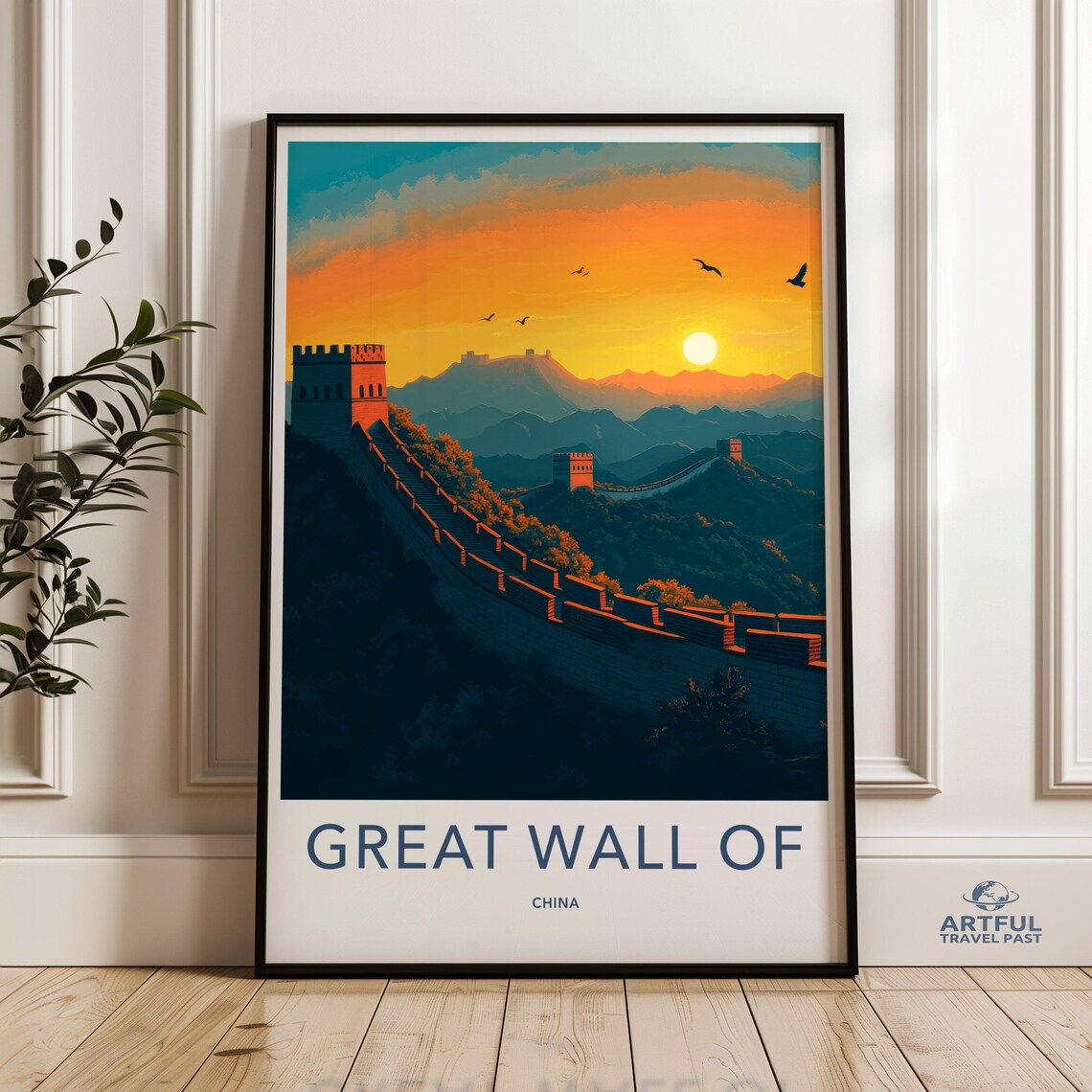Great Wall of China at Sunset Mountain Silhouette Retro Travel Poster