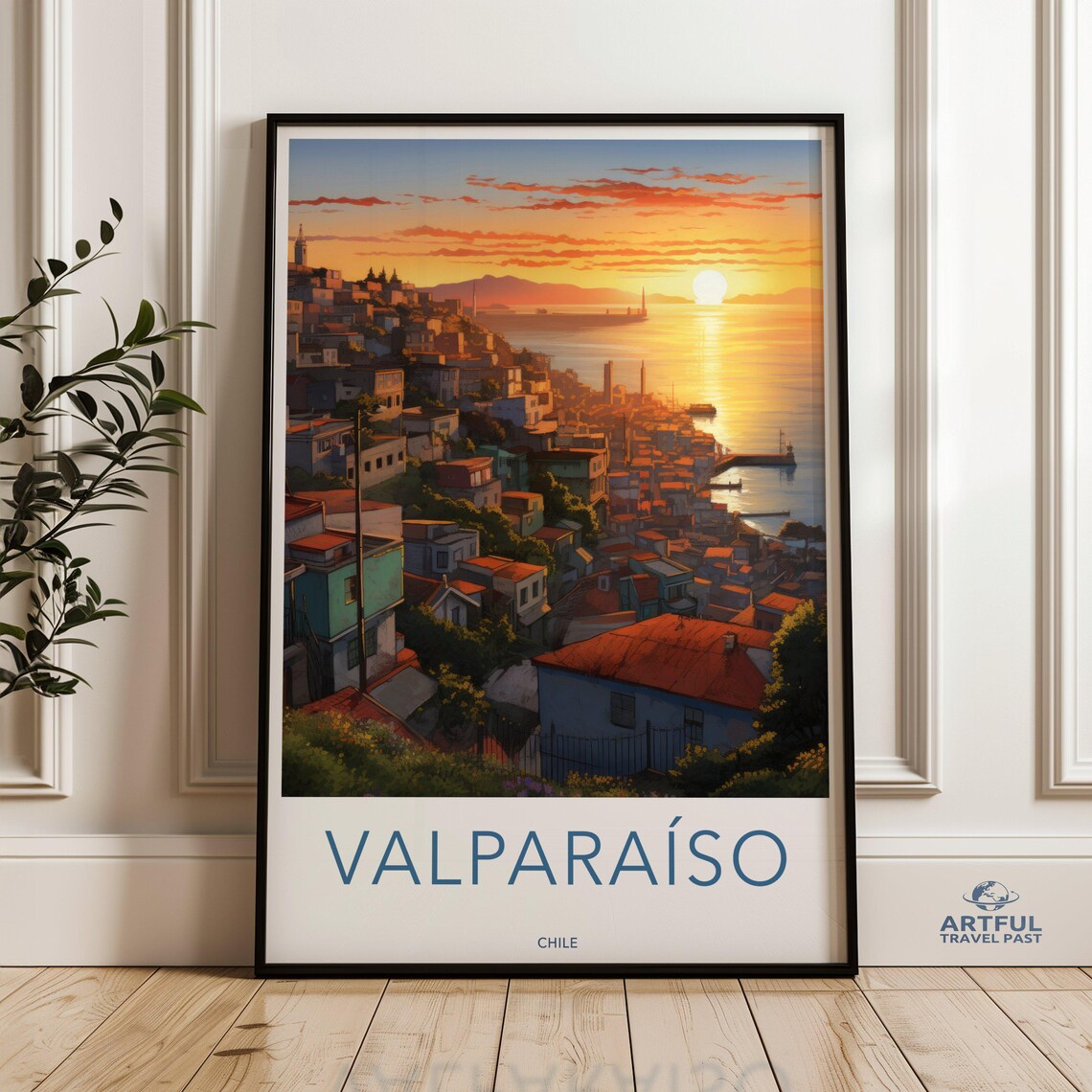 Valparaiso Chile Golden Sunset Coastal Hillside Vintage Travel Poster