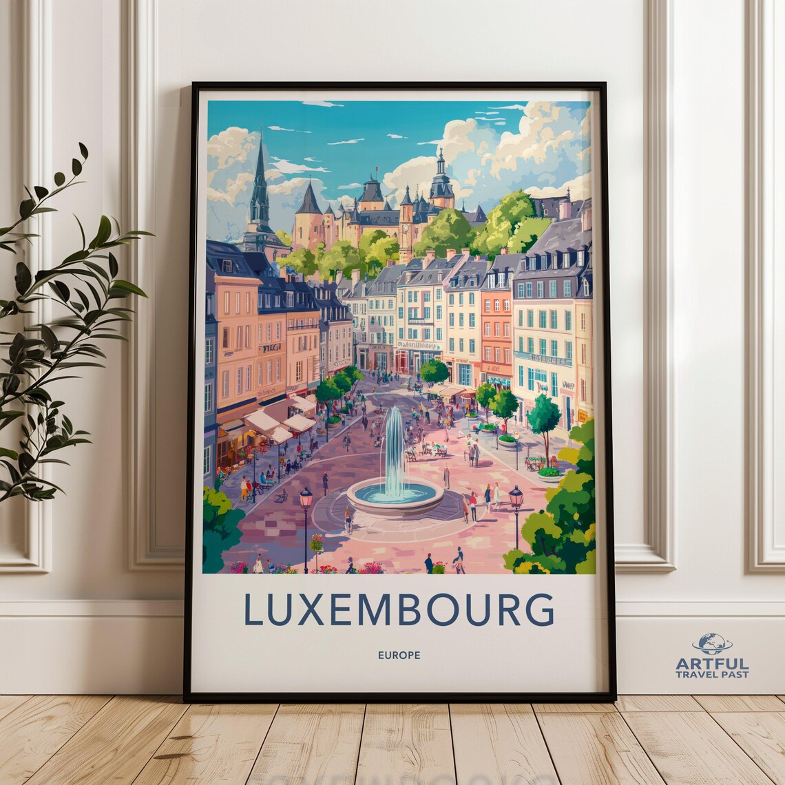 Luxembourg Europe Vintage Travel Square Fountain Cityscape Poster