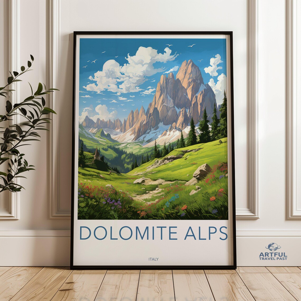 Dolomite Alps Italy Wildflower Meadow Mountain Travel Poster