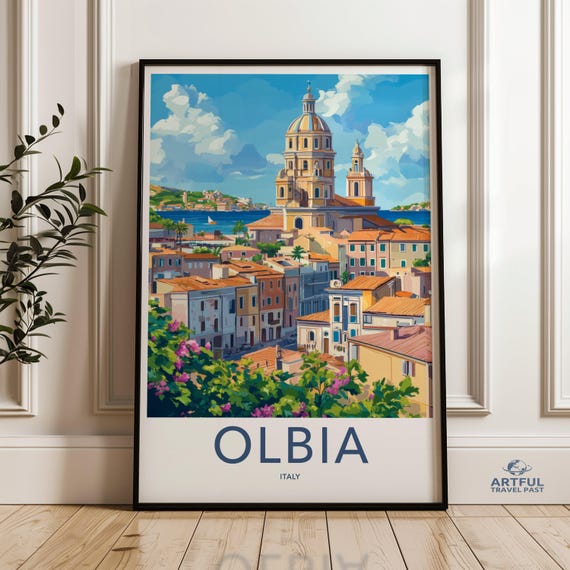 Olbia Italy Wall Art Print Colorful Cityscape Poster Travel Decor Mediterranean Scenic Artwork Coastal Town Illustration