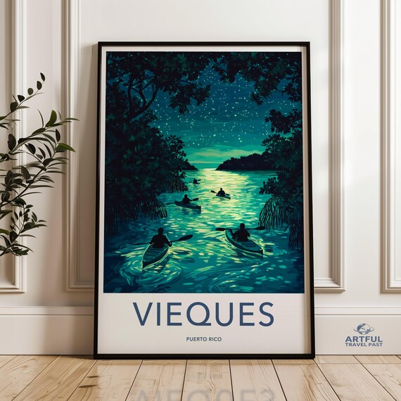 Vieques Puerto Rico Kayaking Under Stars Night Travel Poster Adventure Scene