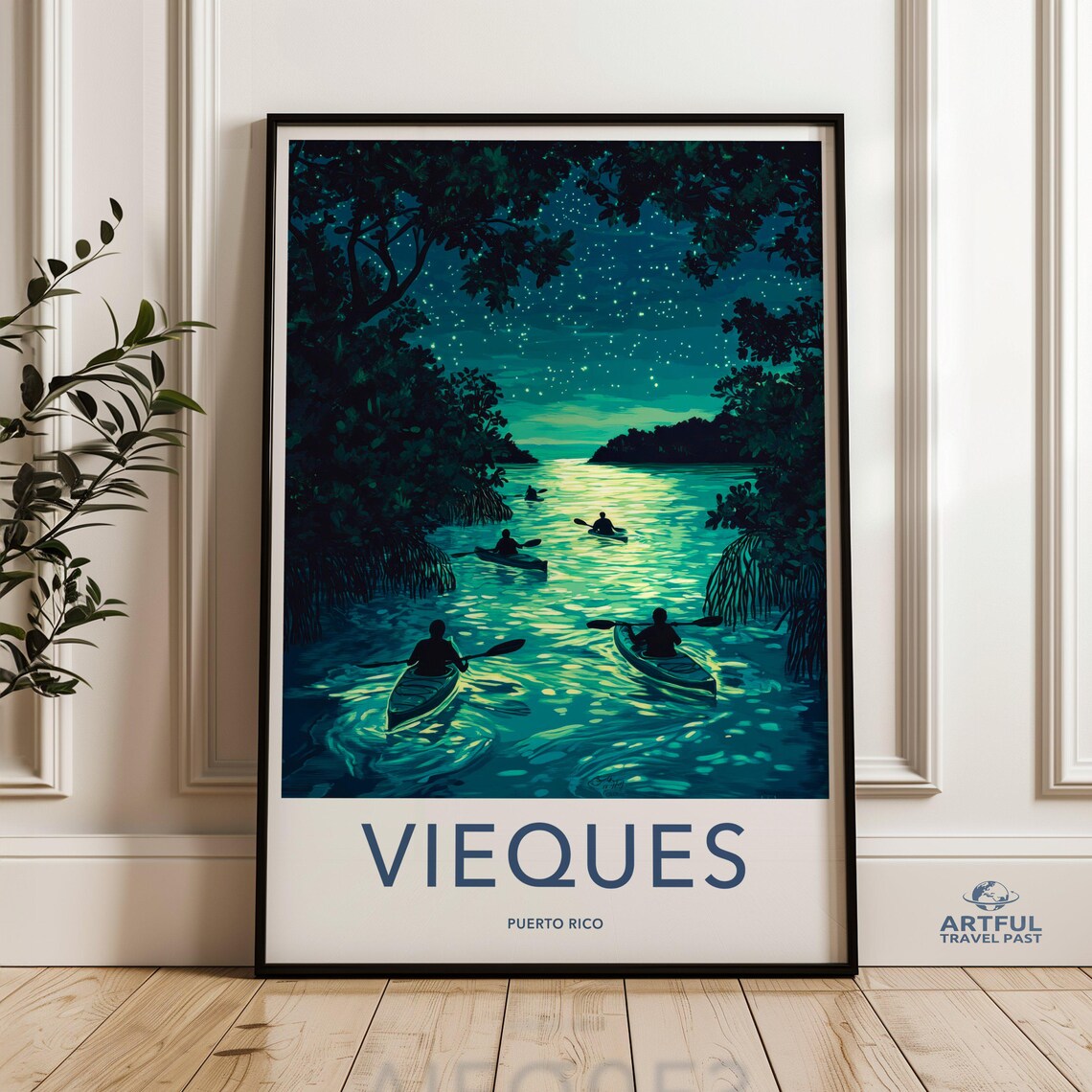 Vieques Puerto Rico Kayaking Under Stars Night Travel Poster Adventure Scene
