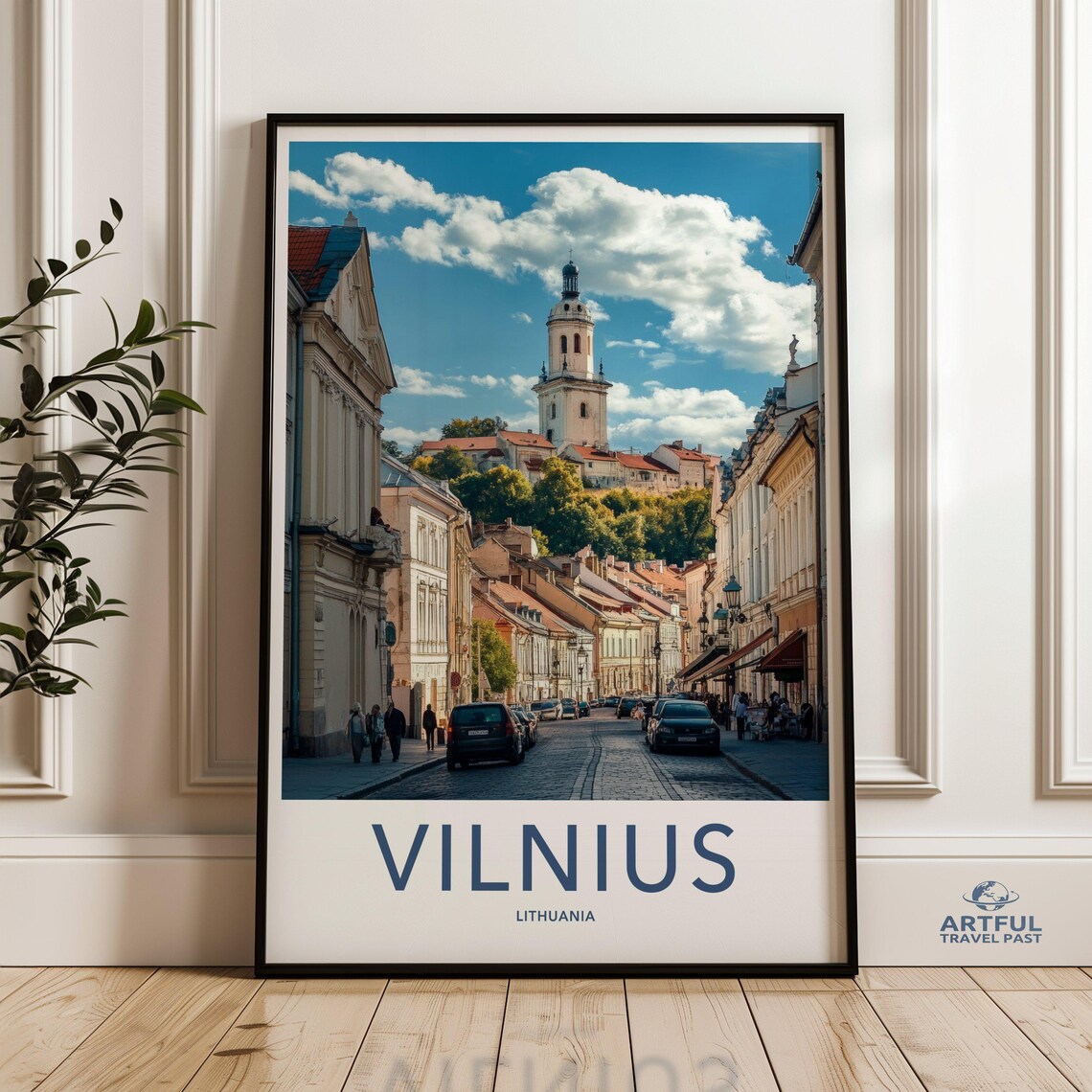 Vilnius Lithuania Vintage Travel Poster Old Town Street Church Tower