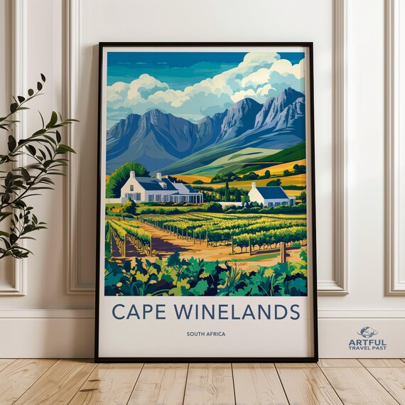 Cape Winelands South Africa Poster with Vineyard Rows and Mountain Peaks