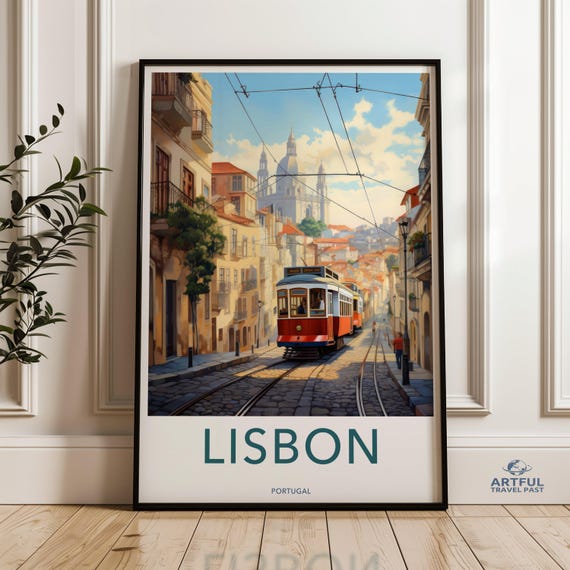 Lisbon Cityscape Wall Art Historic Tram Print Street Decor Vintage Travel Poster European City Illustration Home