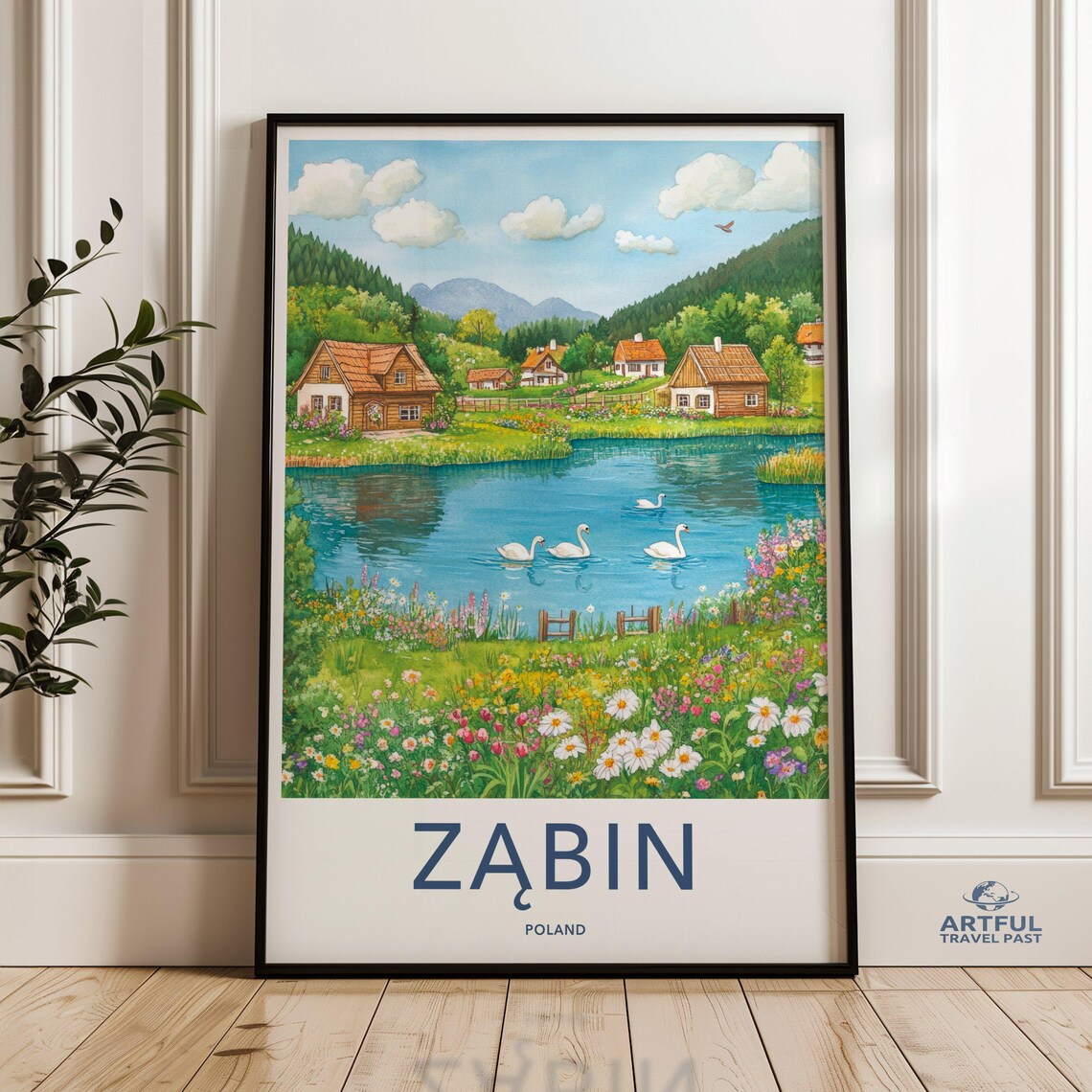 Zabin Poland Travel Poster Swan Lake Village Countryside Cottage Decor