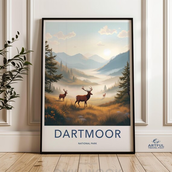 Dartmoor National Park Red Deer Sunrise England Vintage Travel Poster