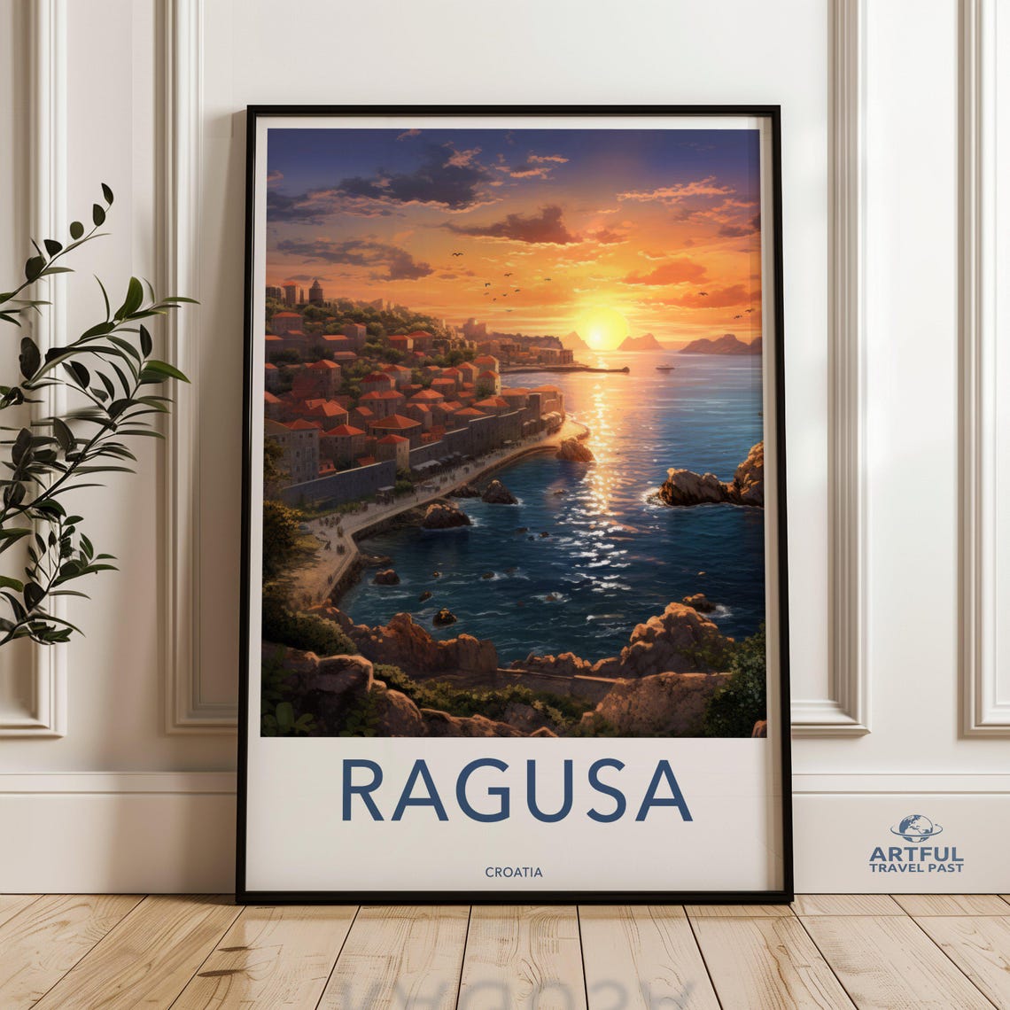 Ragusa Croatia Old Town Harbor Sunset View Travel Poster Art