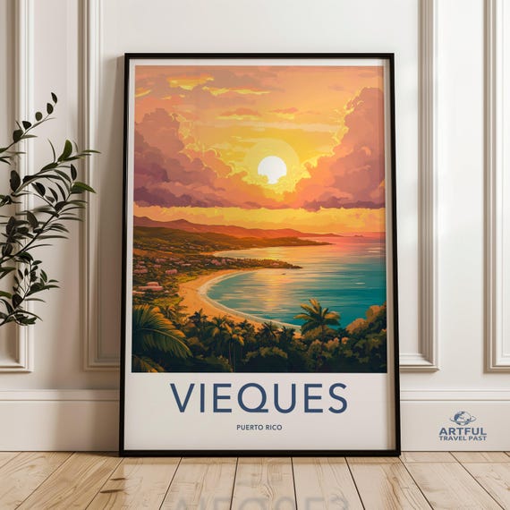 Vieques Puerto Rico Wall Art Tropical Sunset Print Beach Landscape Poster Coastal Home Decor Travel Souvenir Gift