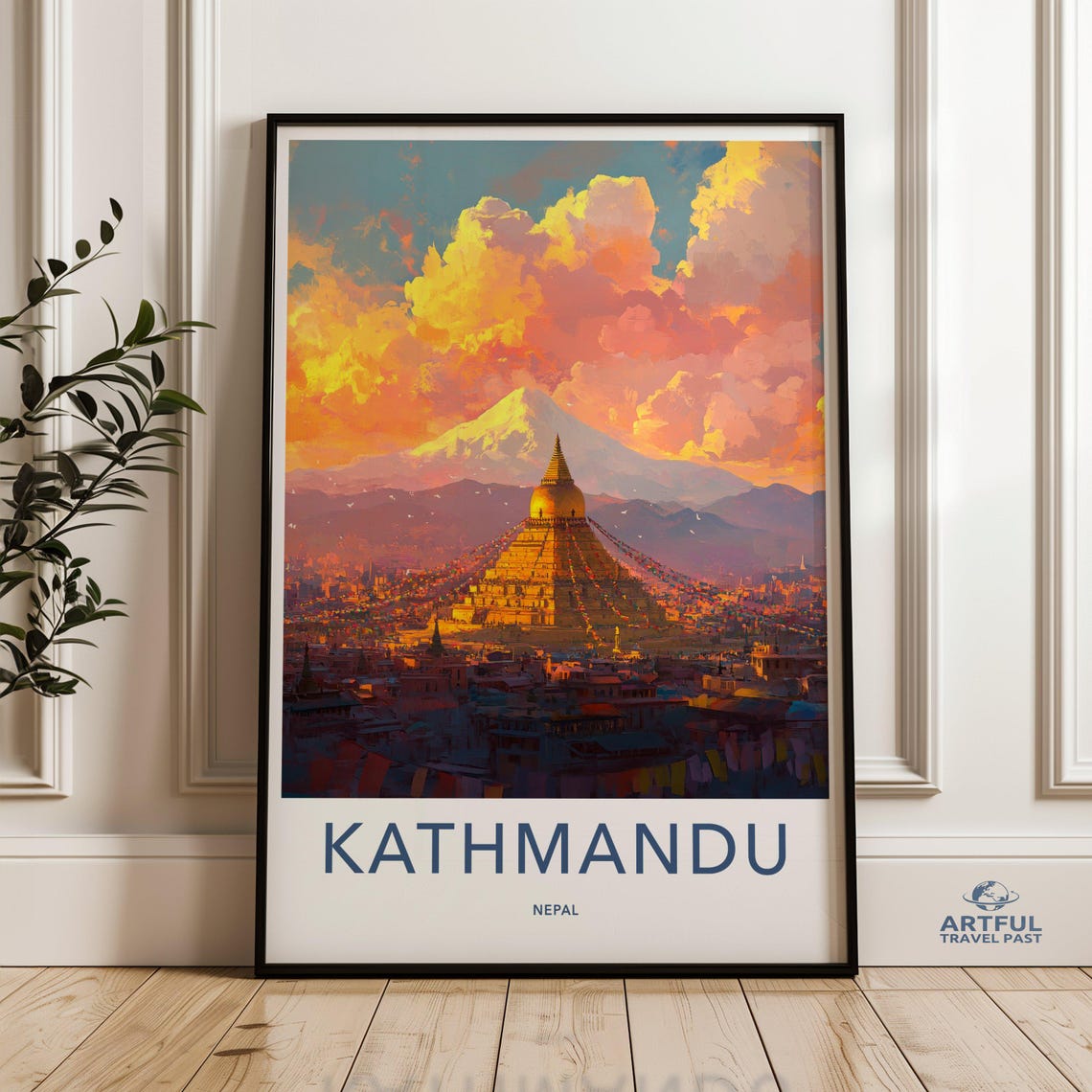 Kathmandu Nepal Wall Art Mountain Landscape Artwork Travel Poster Sunset Cityscape Print Himalayan Scenery Decor Vibrant