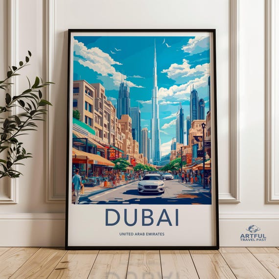 Dubai Cityscape Wall Art Burj Khalifa Poster United Arab Emirates Artwork Downtown Print Urban Street Scene Decor