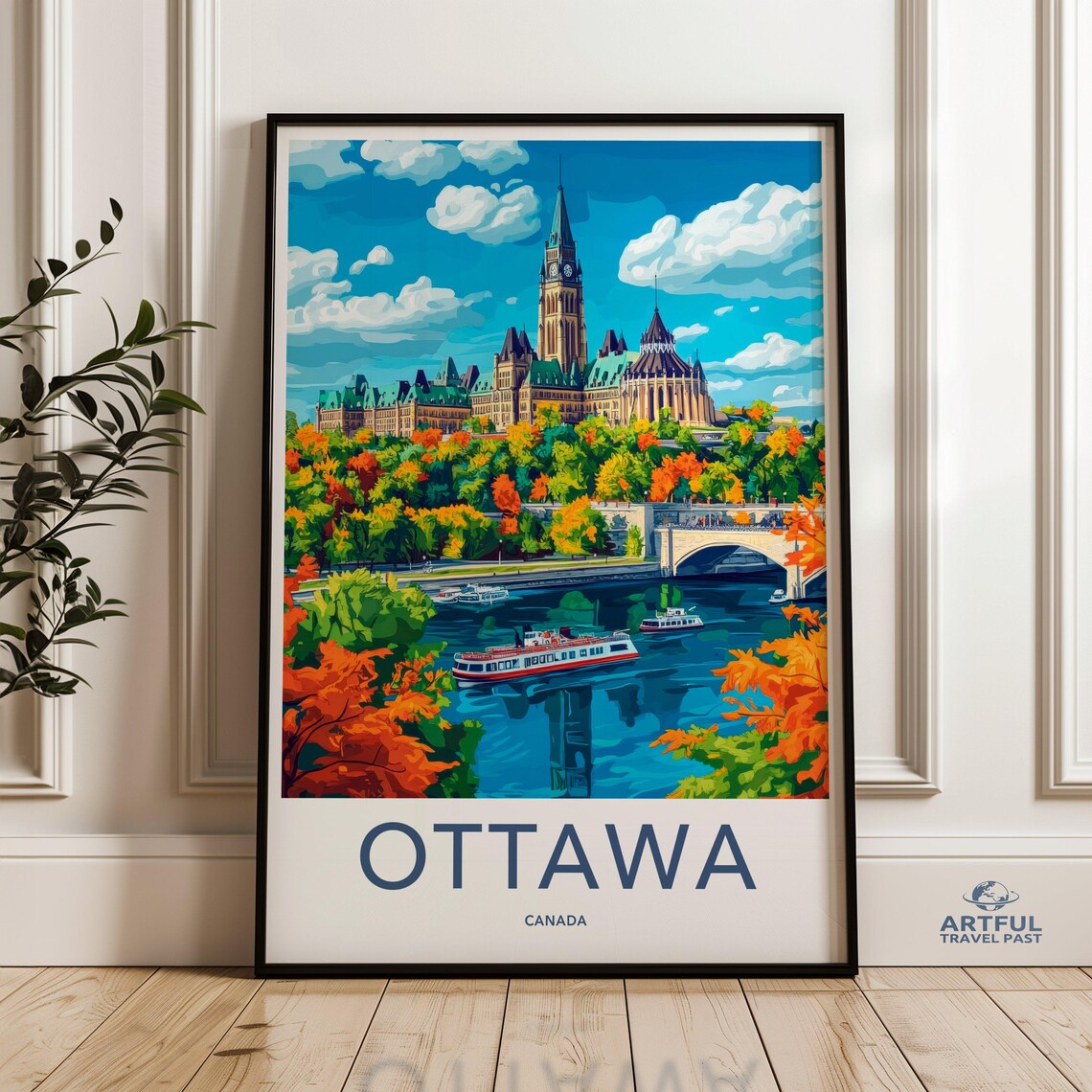 Ottawa Parliament Hill Autumn River Scene Canada Travel Poster