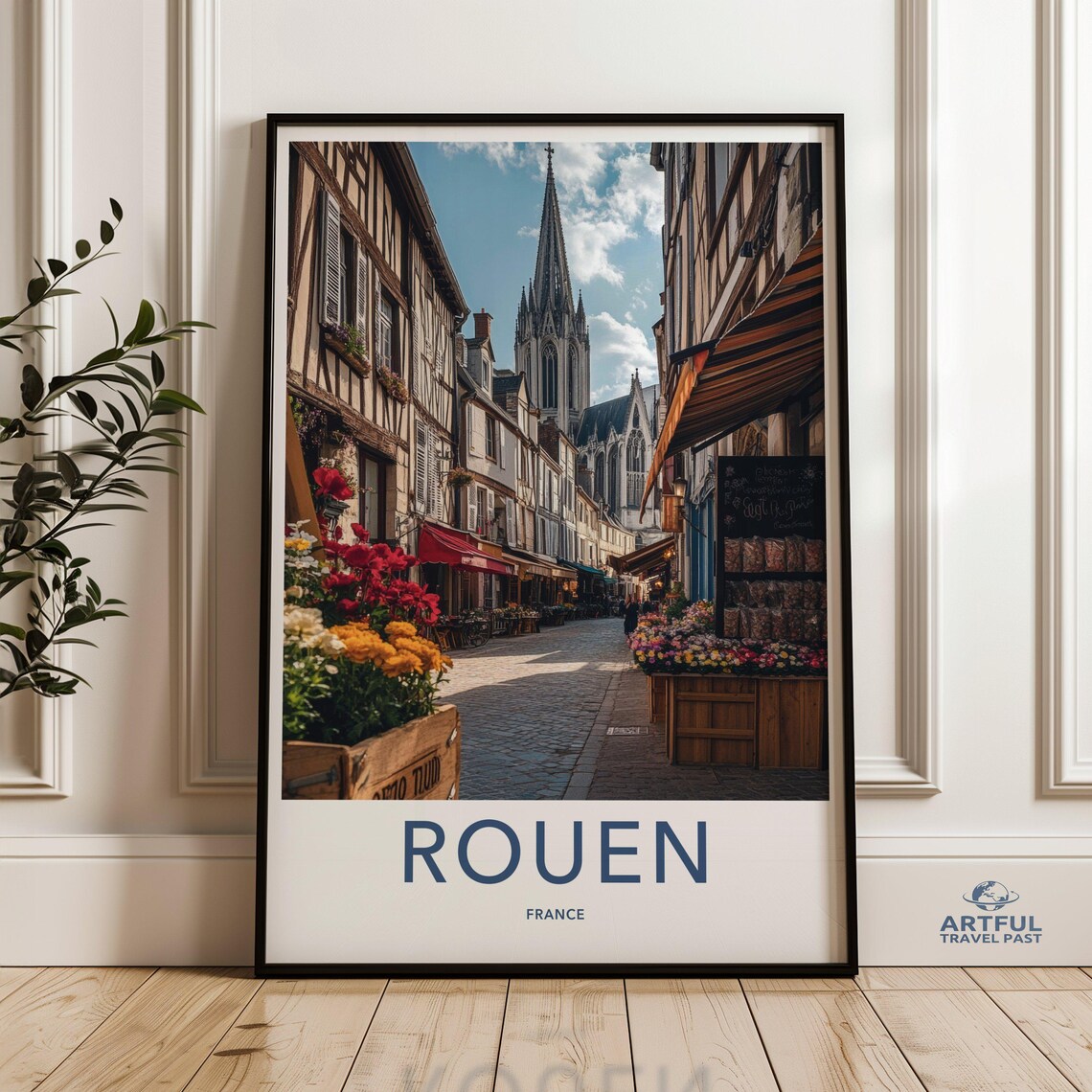Rouen France Cobblestone Street Half Timbered Houses Art Poster