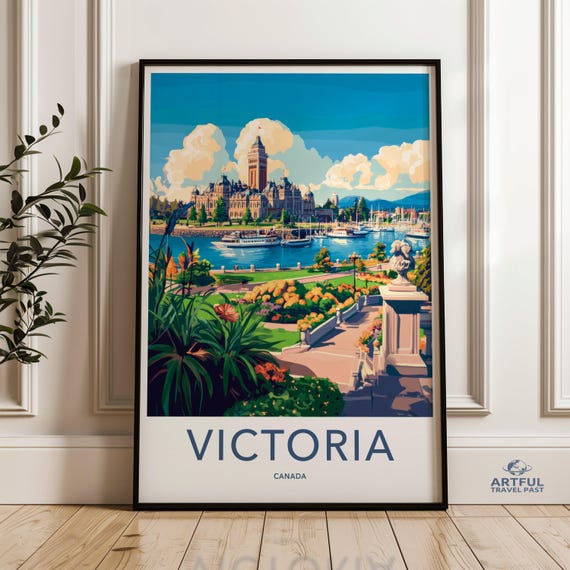 Victoria Canada Wall Art Print Cityscape Poster Travel Destination Artwork Vibrant Home Decor Colorful Landscape Illustration