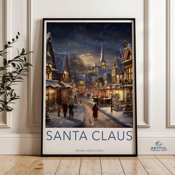 Santa Claus Indiana Snowy Christmas Street Night Village Poster