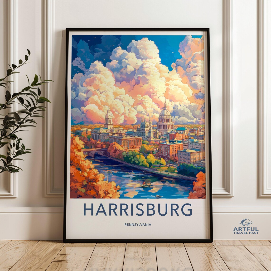 Harrisburg Pennsylvania Capitol River Autumn City Travel Poster