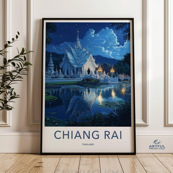 Chiang Rai Thailand White Temple Night Reflection Travel Poster