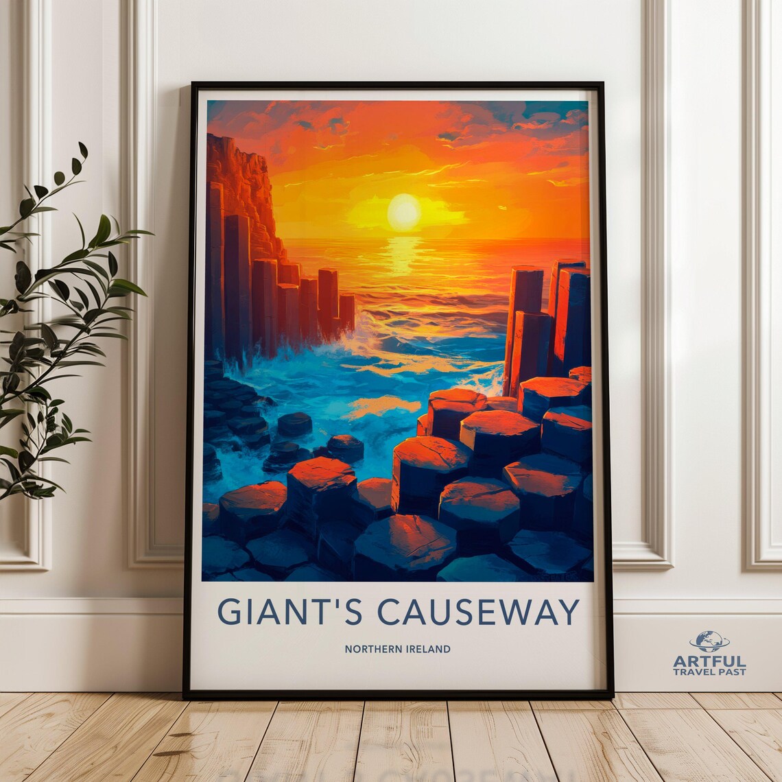 Giants Causeway Northern Ireland Travel Poster Sunset Basalt Columns