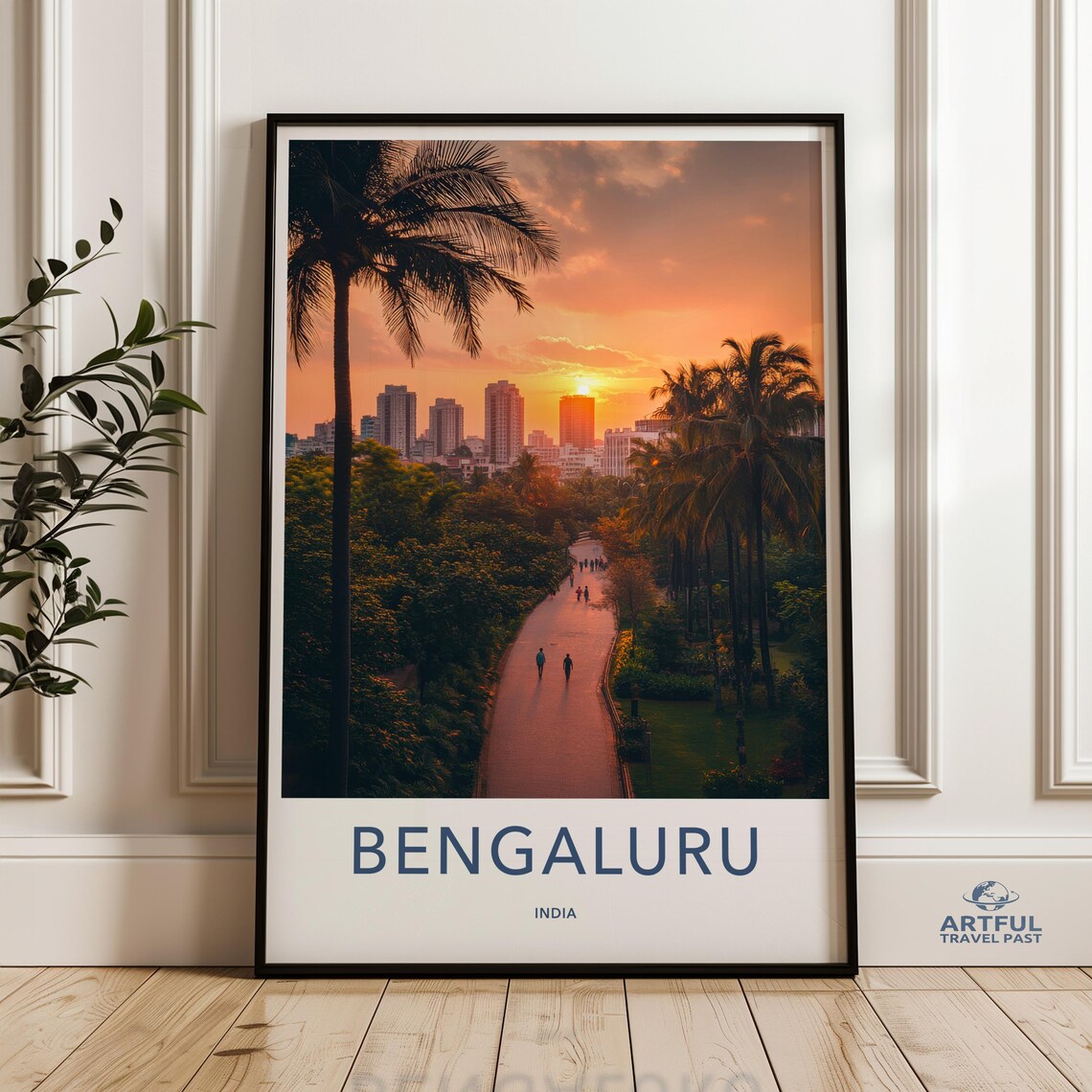 Bengaluru India Sunset Cityscape Travel Poster Skyline Promenade Palm