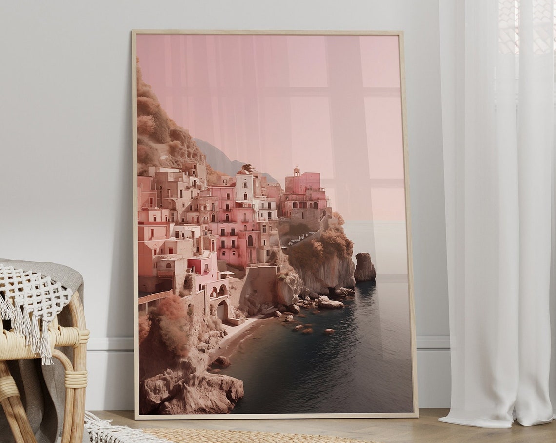 Amalfi Coast Pink Cliffside Village Italy Mediterranean Art Poster
