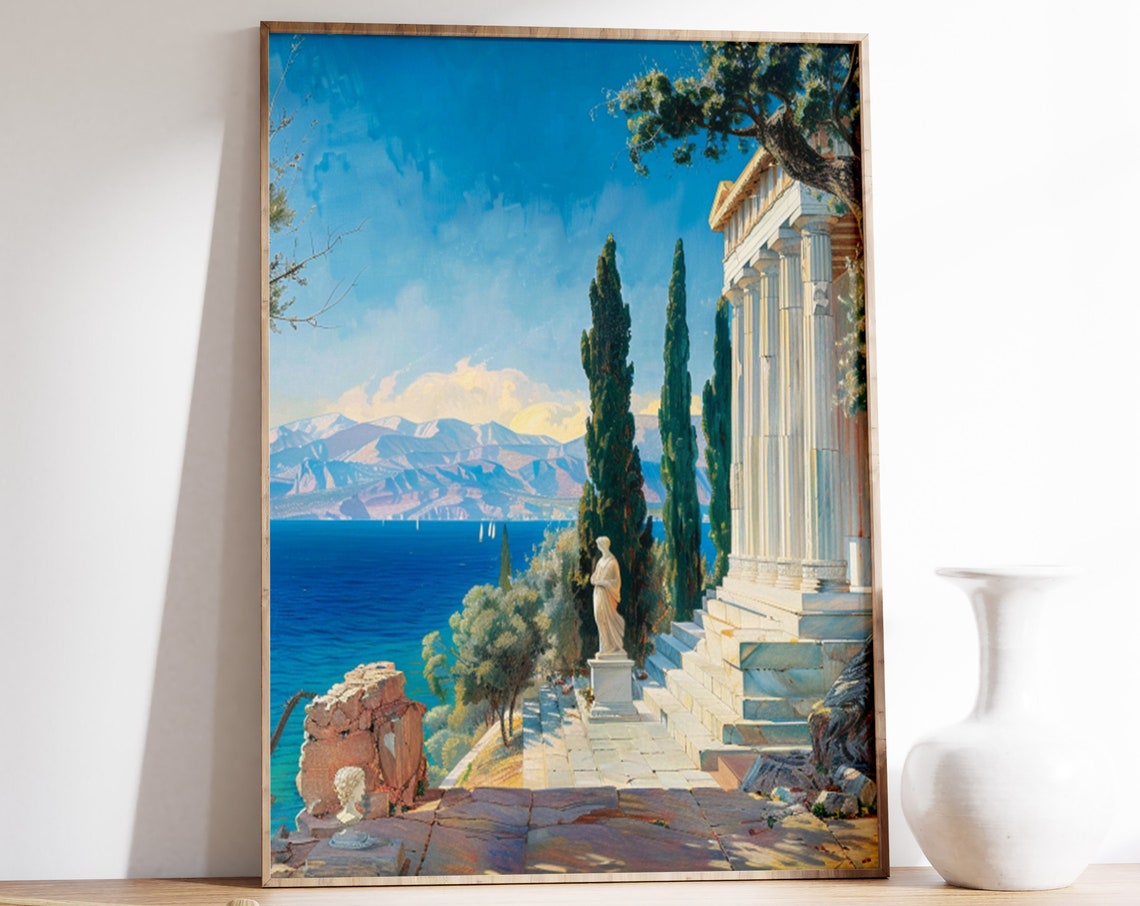 Classical Greek Temple by the Sea with Cypress Trees Art Poster