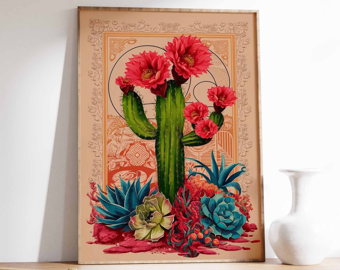 Blooming Columnar Cactus Succulent Garden Art Poster Large Gift