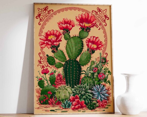 Prickly Pear Cactus Red Blooms Arch Ornamental Art Poster Gift