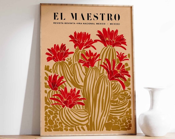 El Maestro Mexican Cactus With Red Flowers Vintage Botanical Poster